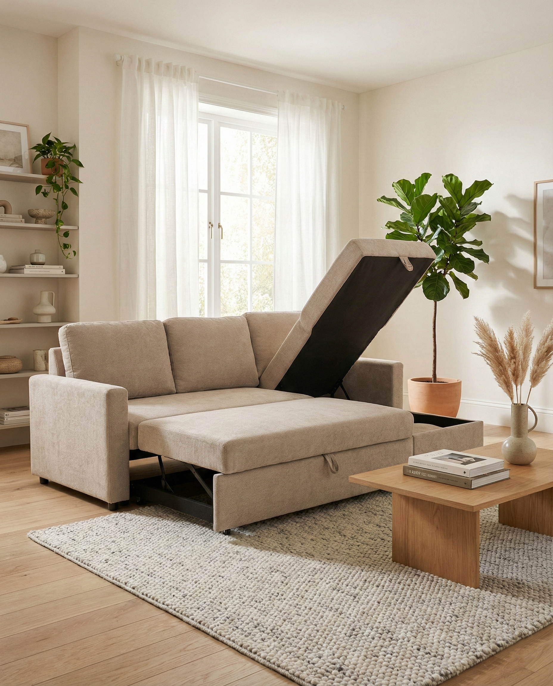 Belfast Bäddsoffa med schäslong och förvaring – Mörk Sand