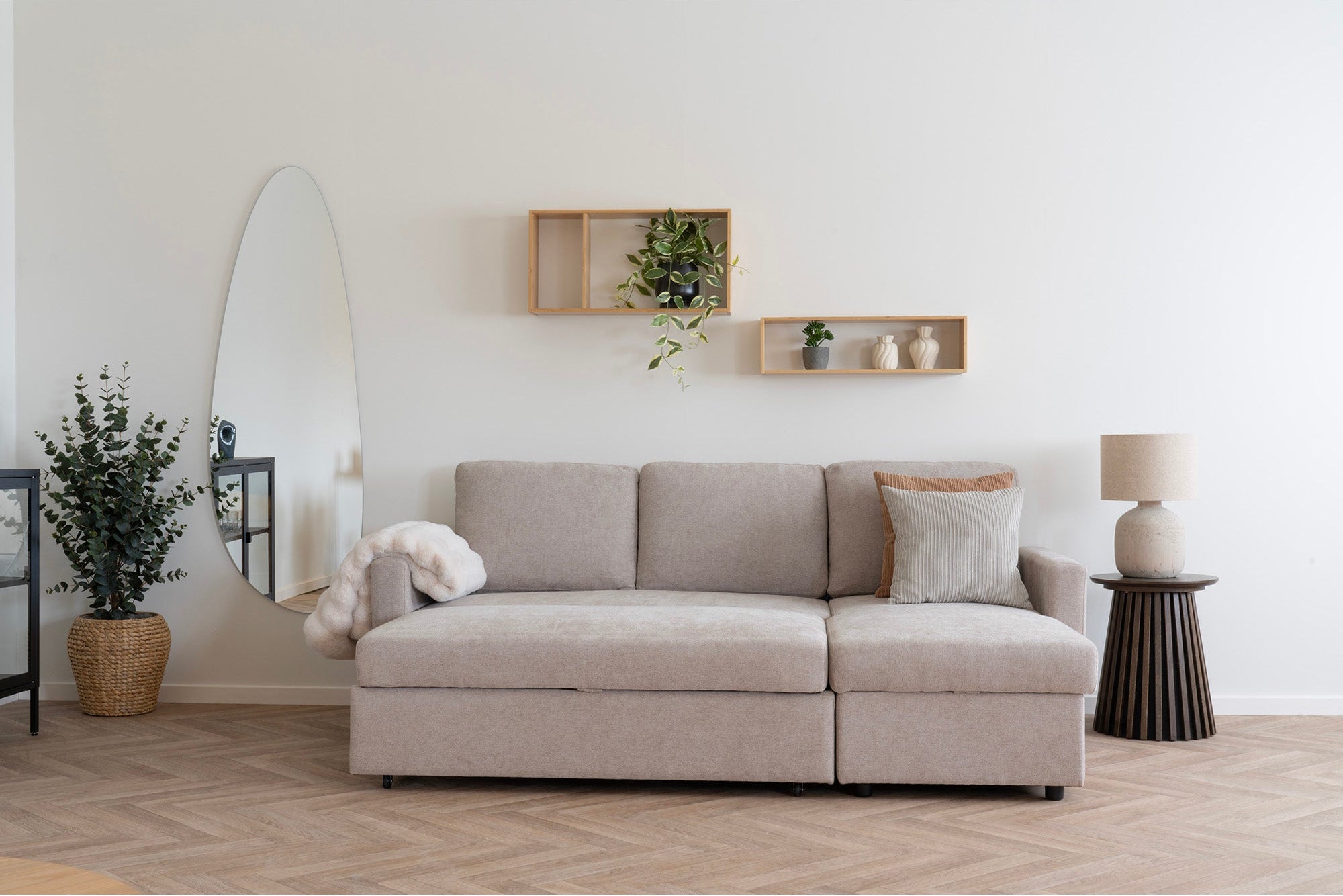 Belfast Bäddsoffa med schäslong och förvaring – Mörk Sand