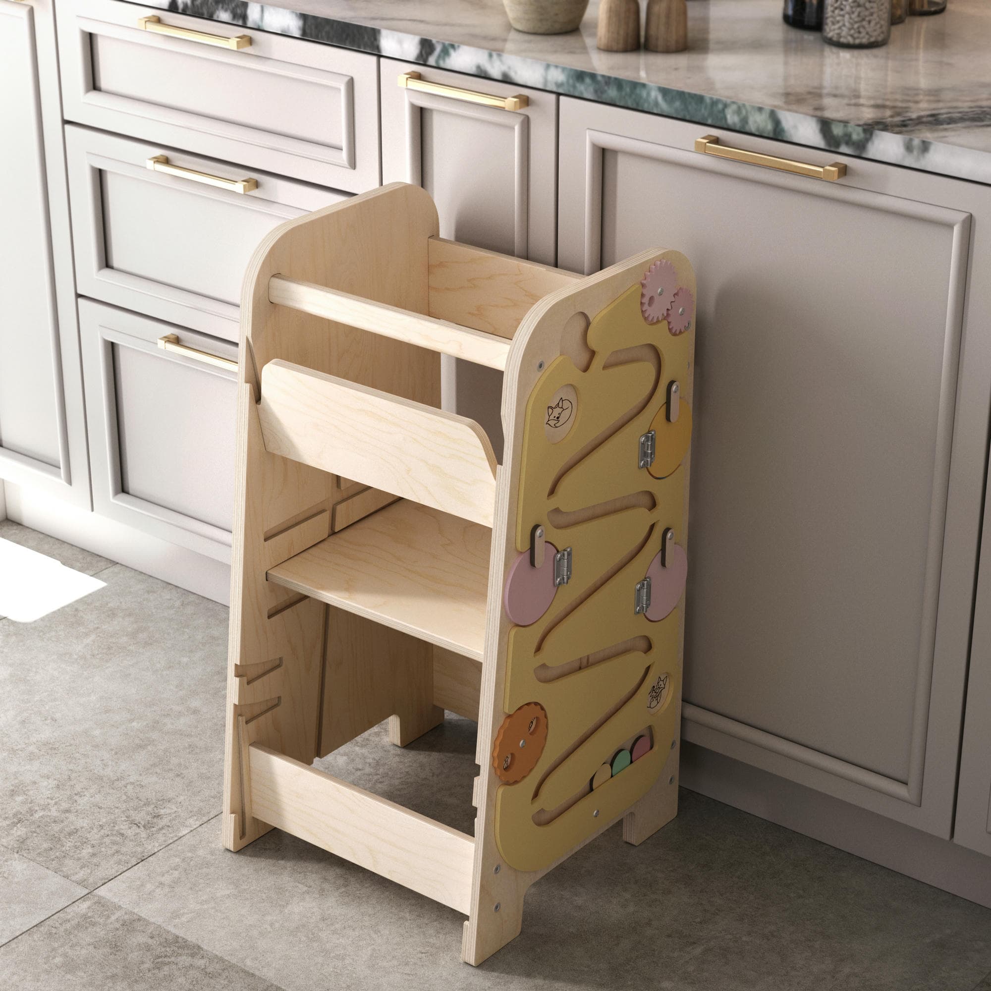 Lärtorn PLAY 5-i-1 – växande lärtorn med aktivitetspanel, 75 cm – Vanille – BusyKids