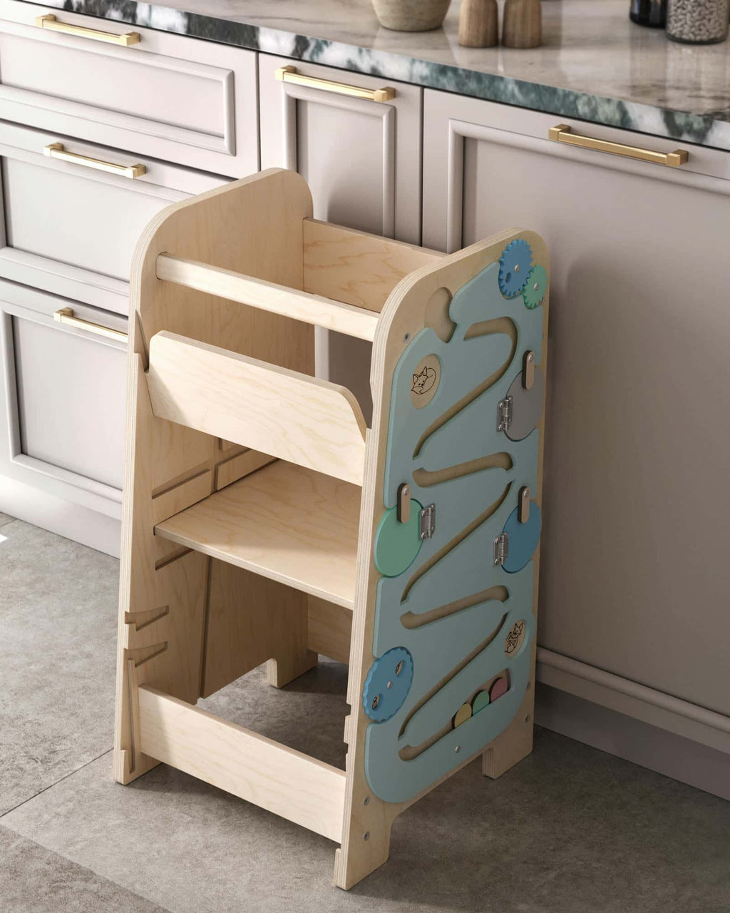 Lärtorn PLAY 5-i-1 – växande lärtorn med aktivitetspanel, 75 cm – Mint – BusyKids