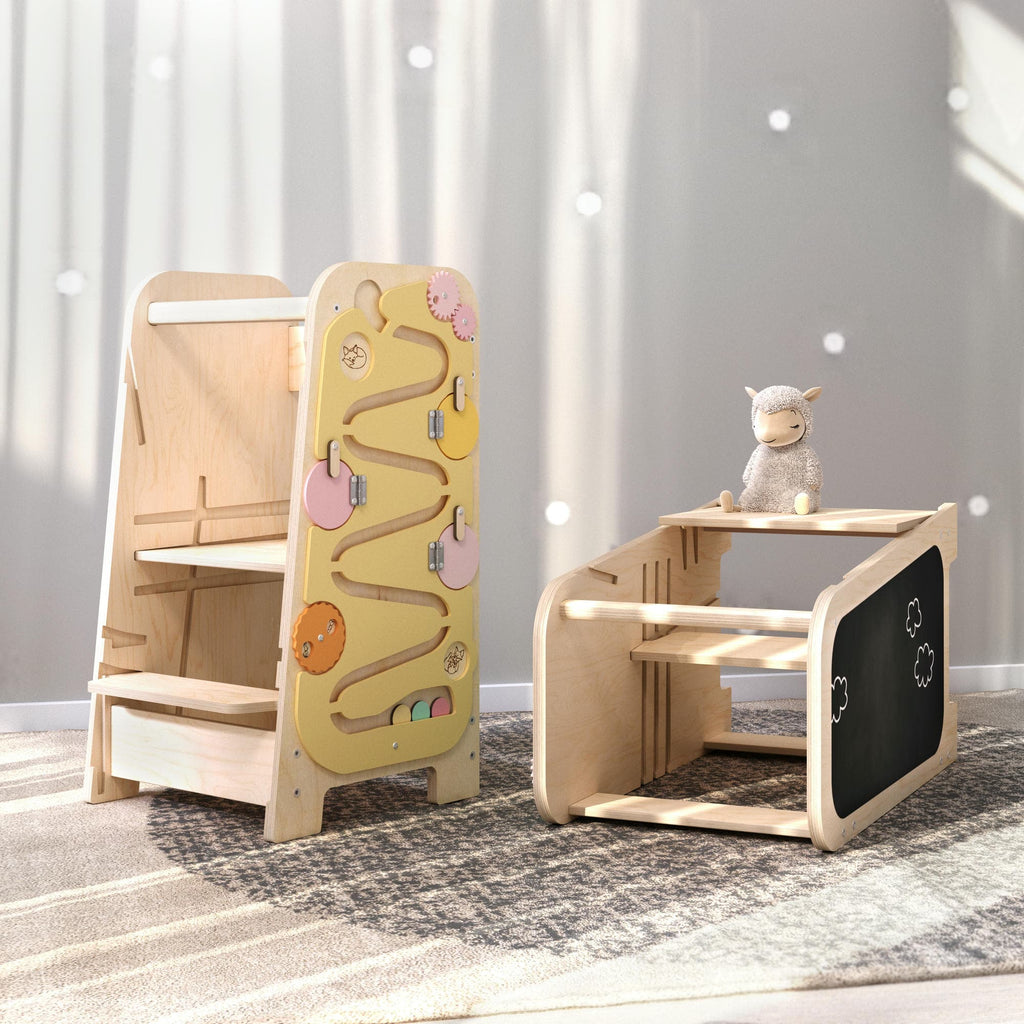 Lärtorn PLAY 5-i-1 – växande lärtorn med aktivitetspanel, 75 cm – Vanille – BusyKids