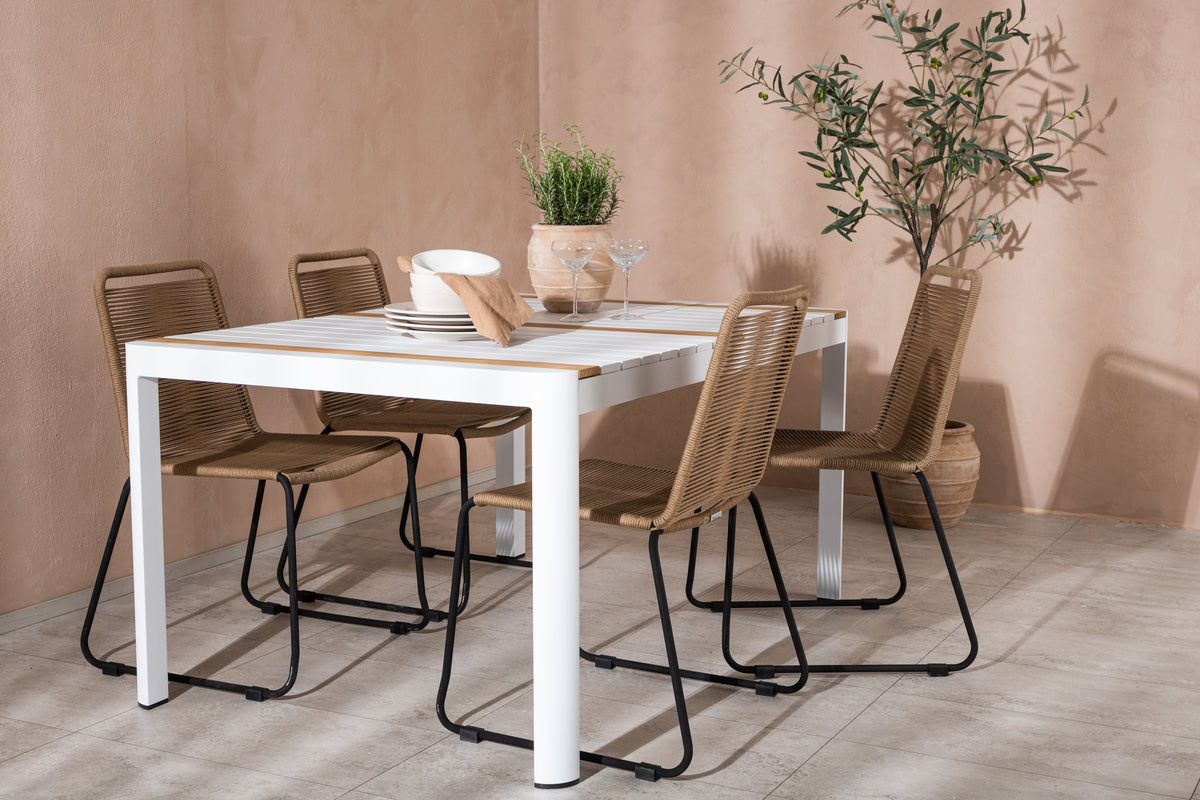 Togo & Lindos Matbord 150x90 Vit + Matstolar 4-pack Brun