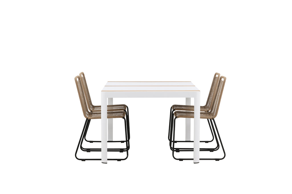 Togo & Lindos Matbord 150x90 Vit + Matstolar 4-pack Brun