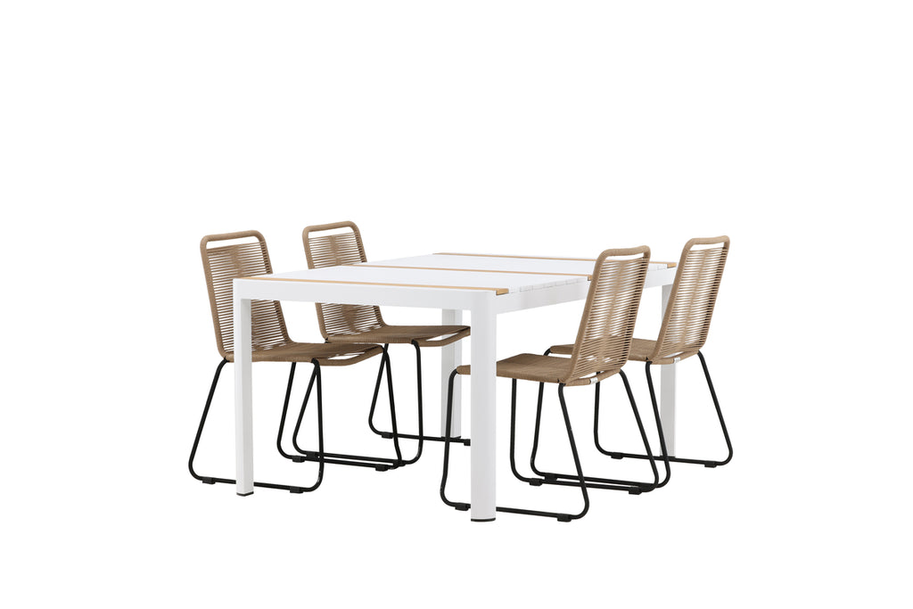 Togo & Lindos Matbord 150x90 Vit + Matstolar 4-pack Brun