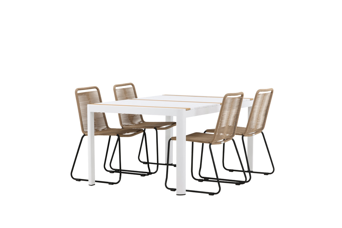 Togo & Lindos Matbord 150x90 Vit + Matstolar 4-pack Brun