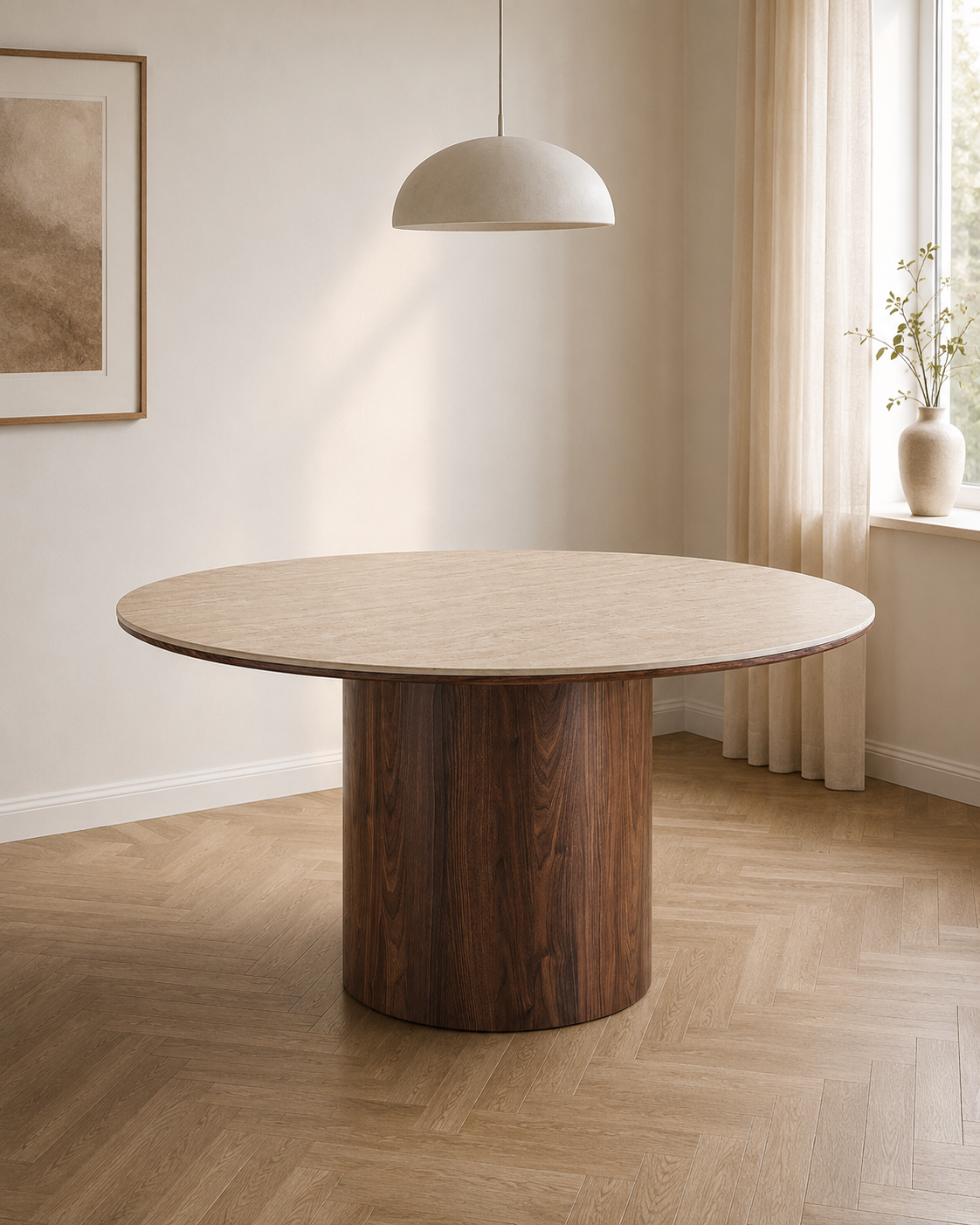 Delphi Matbord – Travertin / Mörkbrun ø140x76 cm