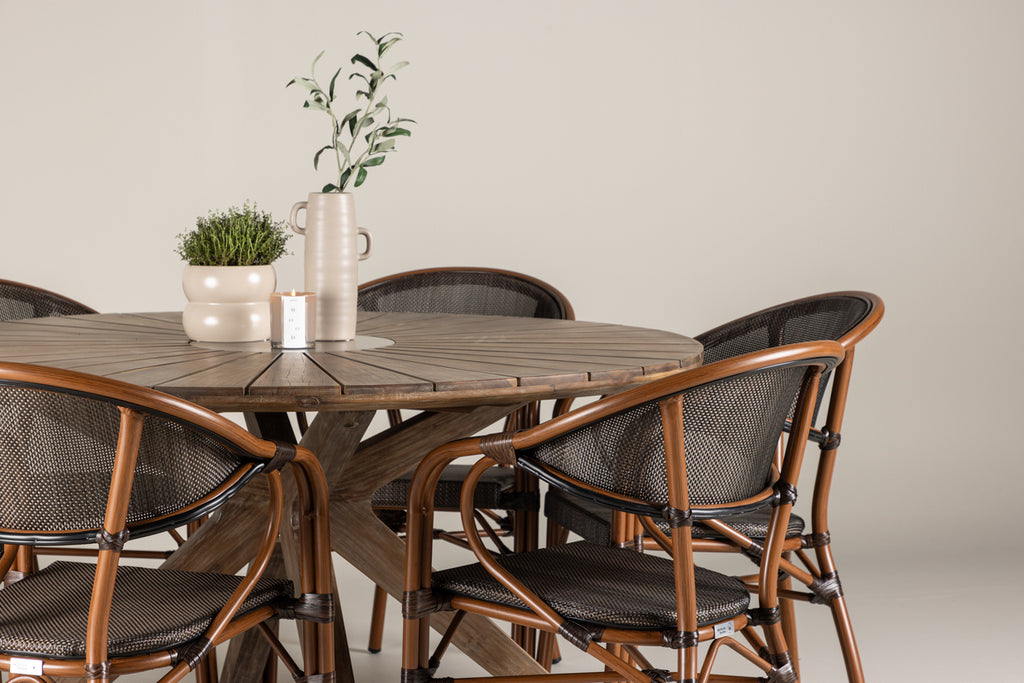 Rosario & Vila Matbord ⌀140 Brun + Caféstolar 6-pack