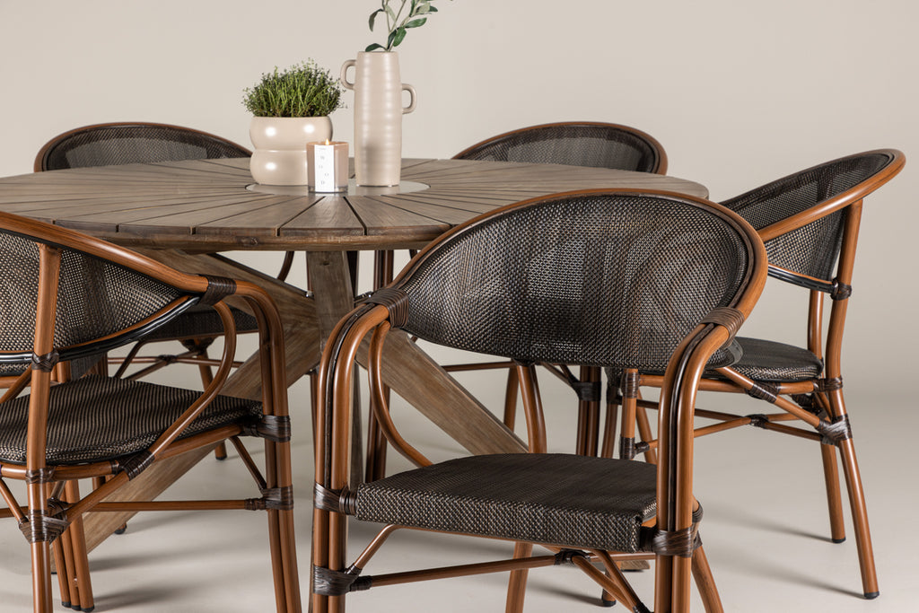 Rosario & Vila Matbord ⌀140 Brun + Caféstolar 6-pack