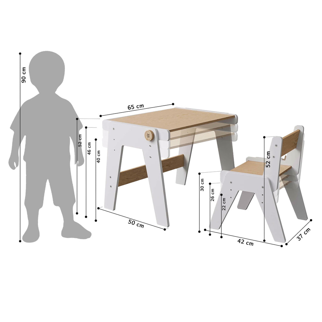 Växande bord och stol MINI i vitt – höjdjusterbart barnbord – BusyKids