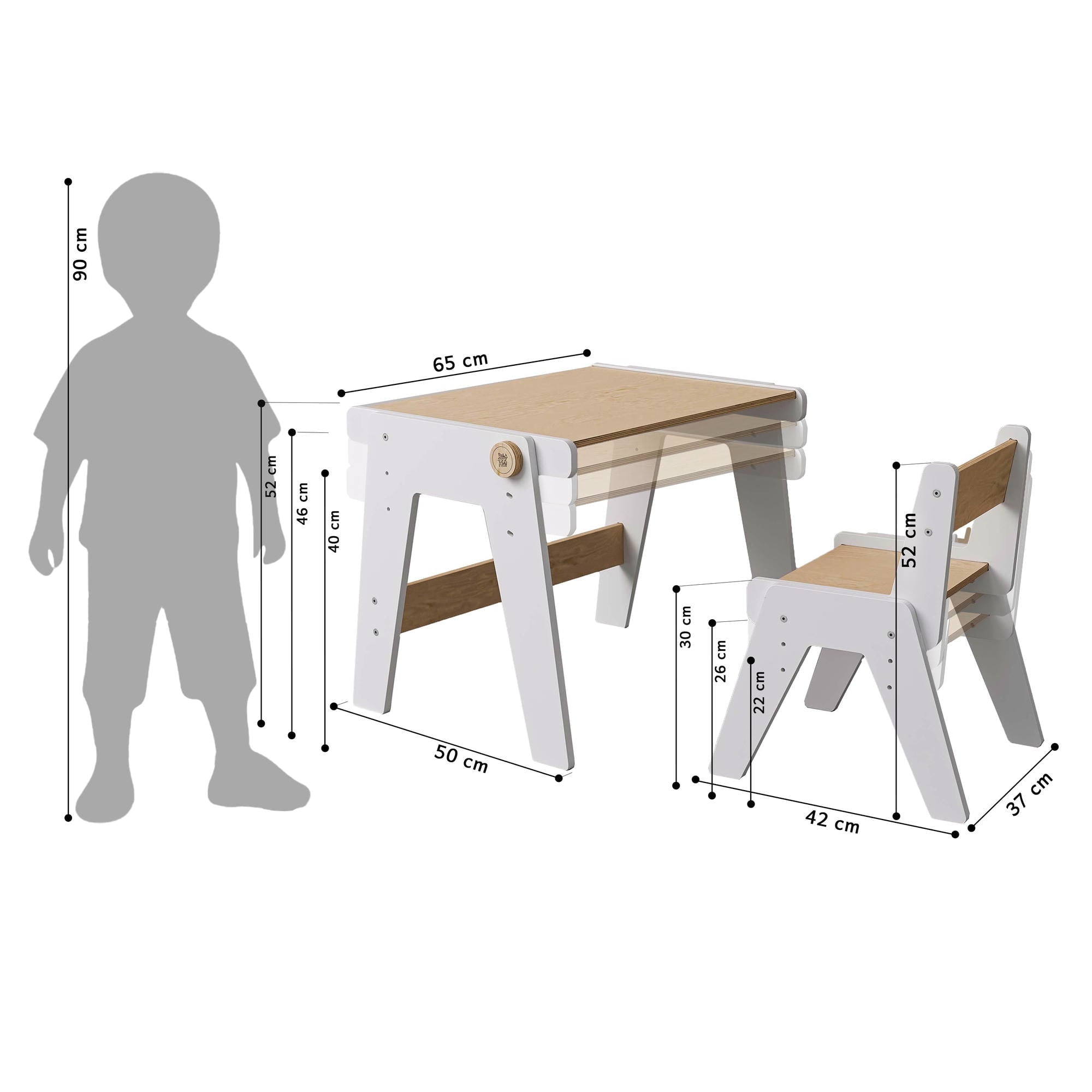 Växande bord och stol MINI i vitt – höjdjusterbart barnbord – BusyKids