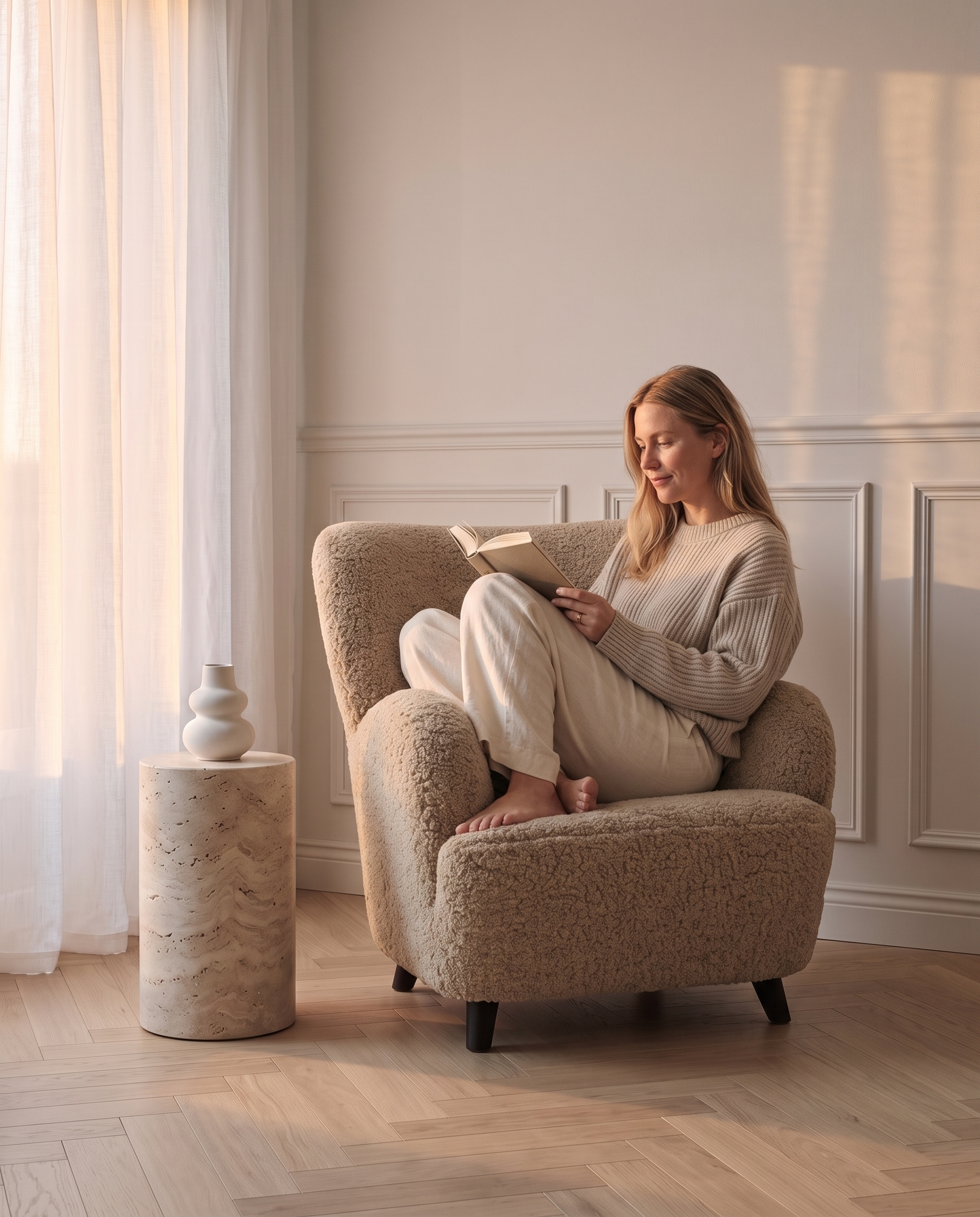Lunaro Loungestol i Ljusbrun Textil med Träben