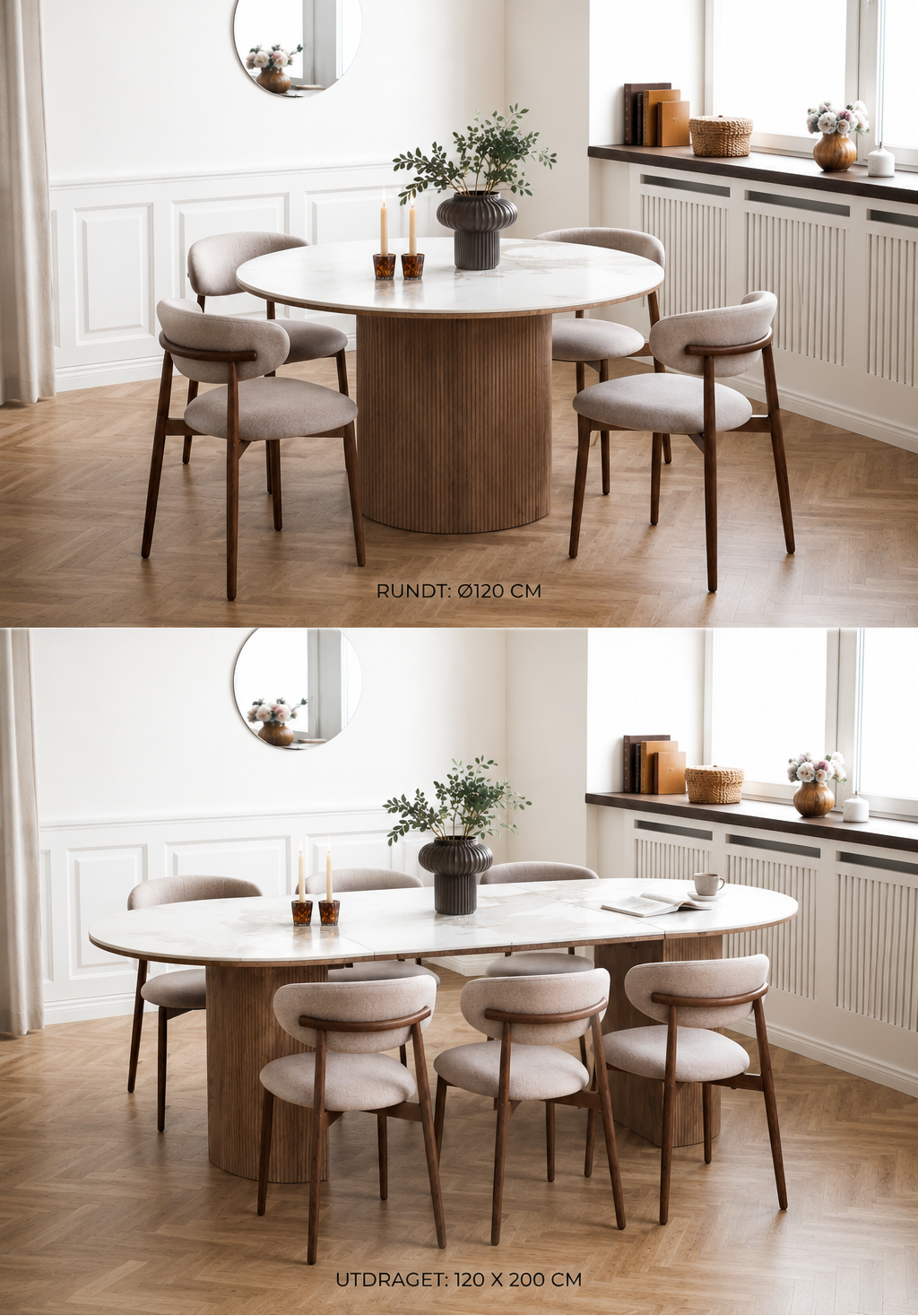 Athens Keramik Matbord – Vit / Brun 120 x ø120/160/200 cm