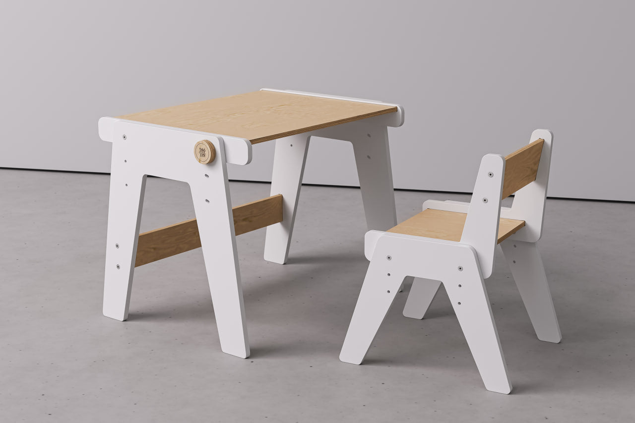 Växande bord och stol MINI i vitt – höjdjusterbart barnbord – BusyKids