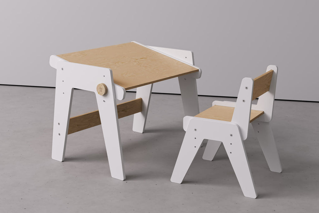 Växande bord och stol MINI i vitt – höjdjusterbart barnbord – BusyKids